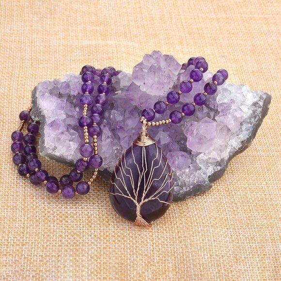 Healing Amethyst Necklace Natural Stone Wire Wrapped Pendant for Meditation - Picture 3 of 9
